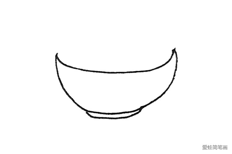 2.下面画上一个半圆作为碗的部分，以及画上一条弧线作为底部。