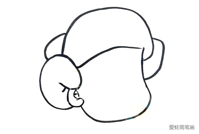 2.接下来画上头顶上的帽子，先从耳朵部分开始画，再画中间的部分，右边部分，最后是左上角的小部分。