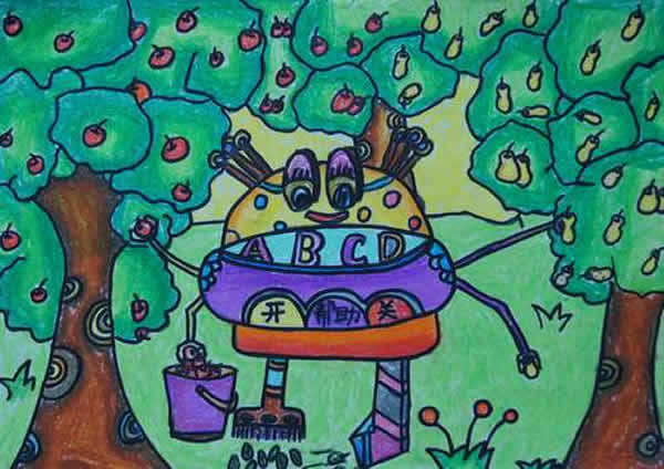 优秀儿童科幻画作品欣赏 - 水果采摘机器人/油画棒画图片