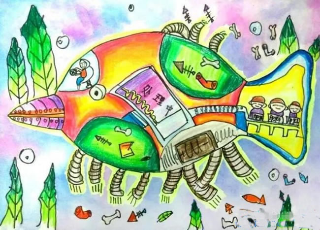 海底垃圾处理器科幻儿童画优秀作品
