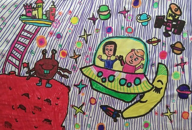 畅想未来主题儿童画之星际旅游水彩画作品