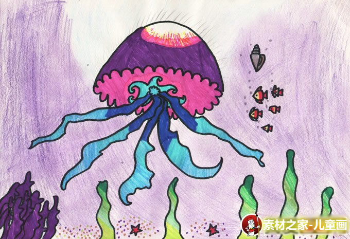 巡游海底世界的水母儿童水彩画作品欣赏