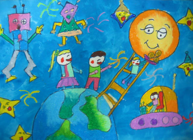 畅想未来主题的简单儿童画_太空旅行记