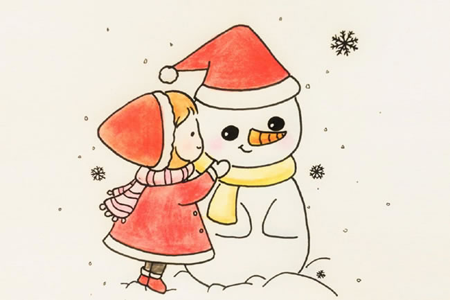 圣诞节小女孩堆雪人简笔画图片