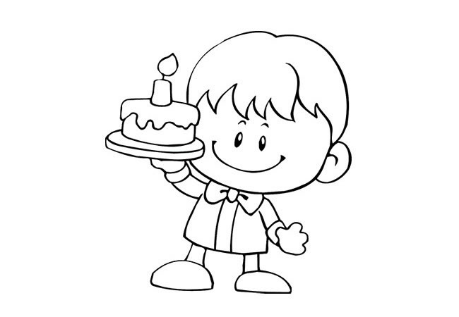 手拿生日蛋糕的小男孩简笔画
