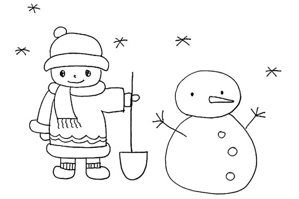 堆雪人的小男孩简笔画