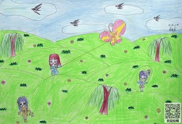 春天来了小朋友在放风筝儿童画
