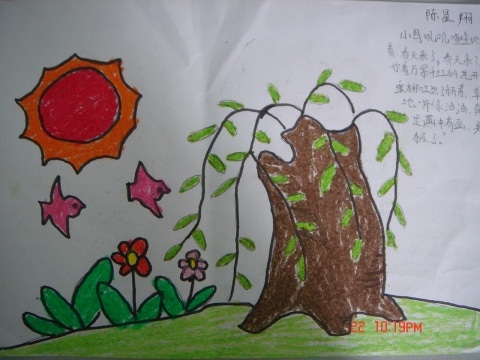 柳枝发芽啦美丽的春天儿童画作品图片