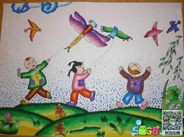 小学生创意春天儿童画作品欣赏-放风筝