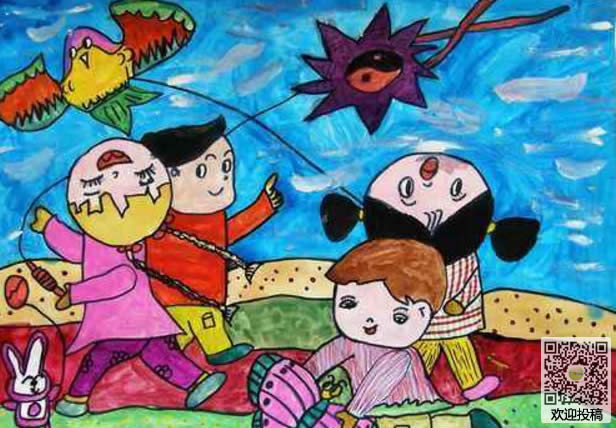 小学生创意春天儿童画作品欣赏-放风筝