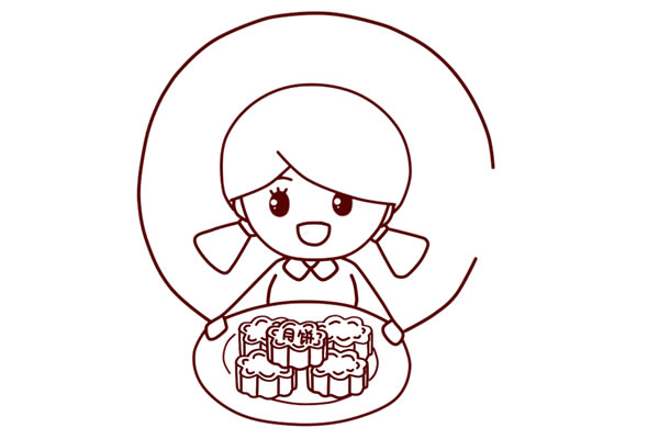 中秋节简笔画_中秋节端着月饼的小女孩简笔画步骤图解教程