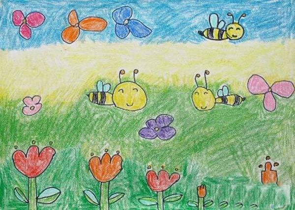 儿童画春天的图片 小蜜蜂采蜜忙