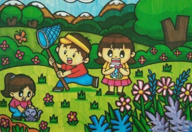 春天里的郊游捉蝴蝶儿童画作品欣赏