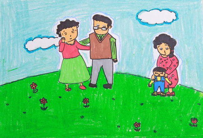 画一幅春天郊游儿童油画棒画作品-和爸妈去踏青