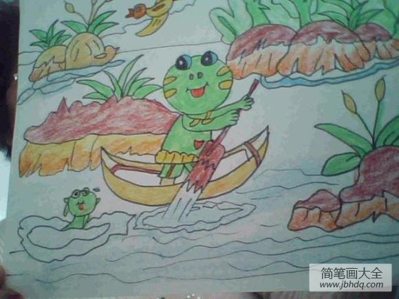 划船的小青蛙儿童画画作品