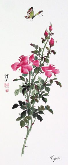 写意月季花好看的国画花卉图片