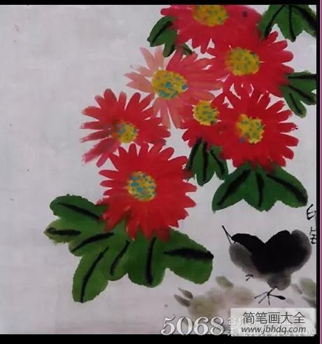 现代写意花鸟画图片之红菊图