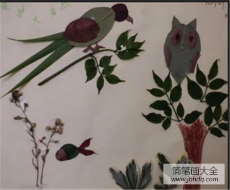 树叶贴画作品：树上的小鸟