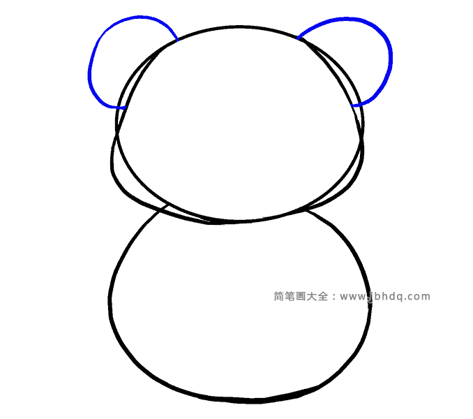 4、在头部两侧围上一个半圆，画出耳朵。每只耳朵用一条曲线。