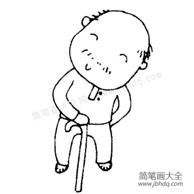 4.画出脚，再加上一根拐杖，一个乐呵呵的老爷爷就完成了。