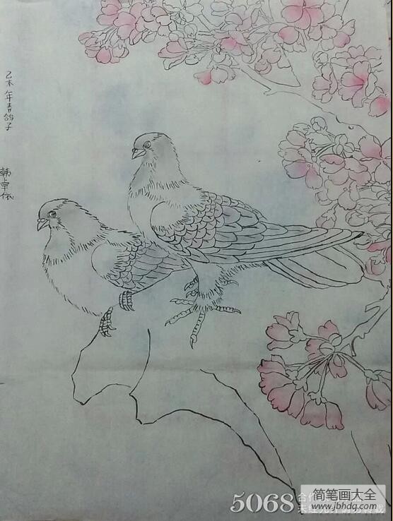 淡彩工笔国画作品之海棠花与鸽子