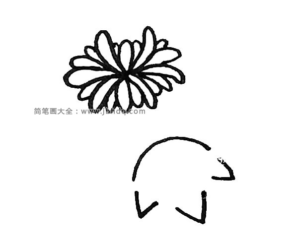 第六步：花朵下面，先画上一条弧线和三个尖角，注意不要连接起来。