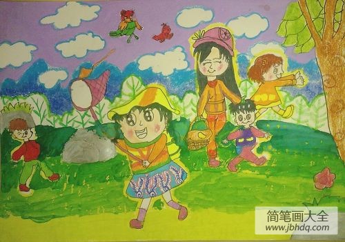 关于春游的水彩儿童画