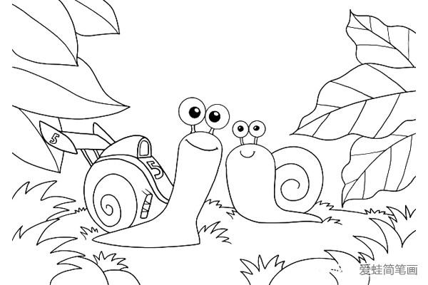 8.再画出几片大大的叶子，蜗牛很小，所以叶子显得很大。