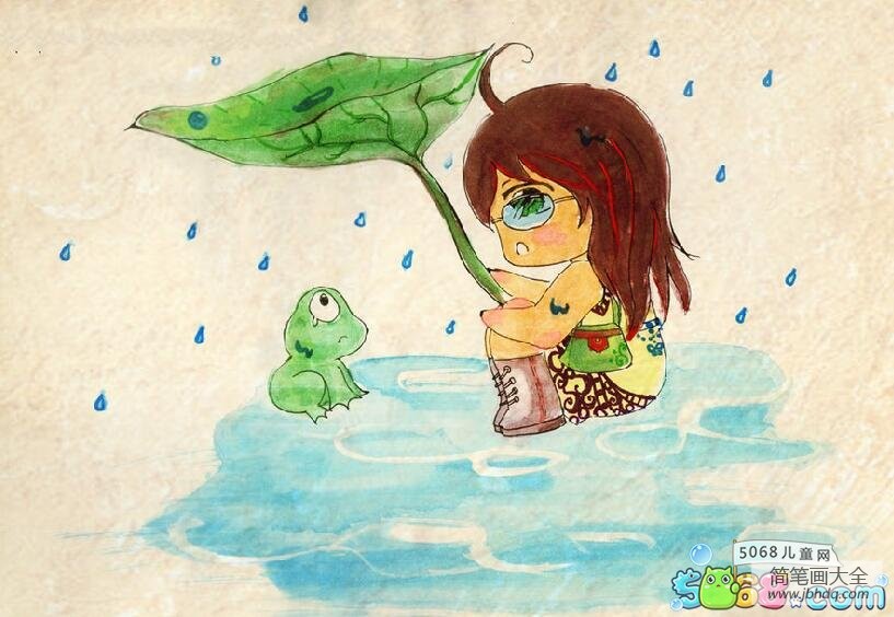 快乐暑假绘画作品之给小青蛙打伞
