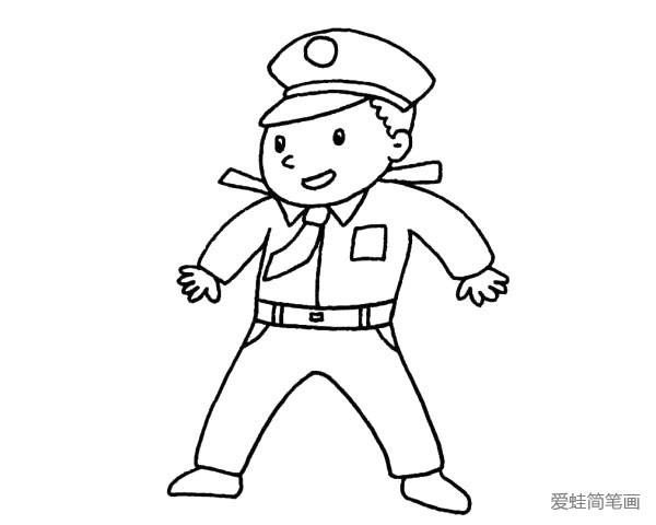 7.最后画出他的裤兜和鞋子，这样我们警察叔叔简笔画就画好了。