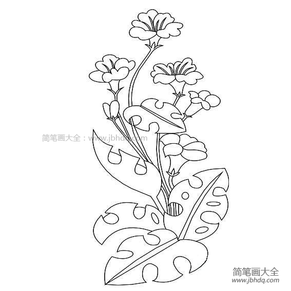 绿叶红花花朵简笔画