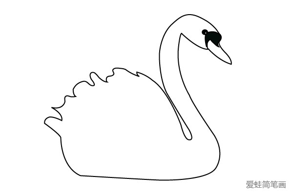 3.沿着脖子用曲线画出天鹅胖胖的身体，注意背部要用小波浪线，画出天鹅的羽毛。