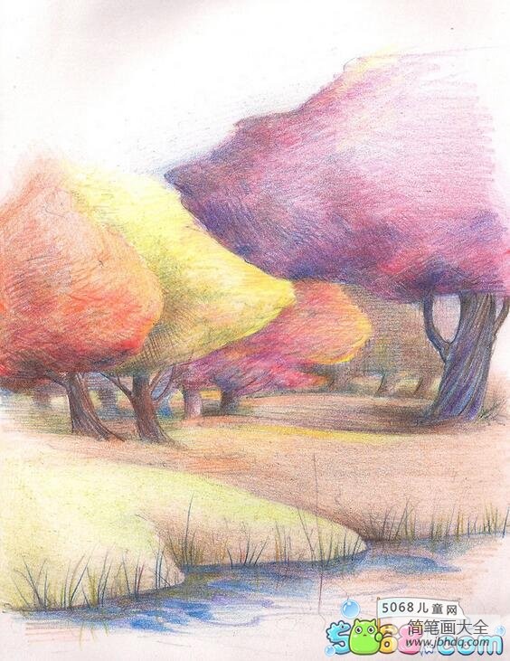 五颜六色的大树彩铅秋天风景画作品