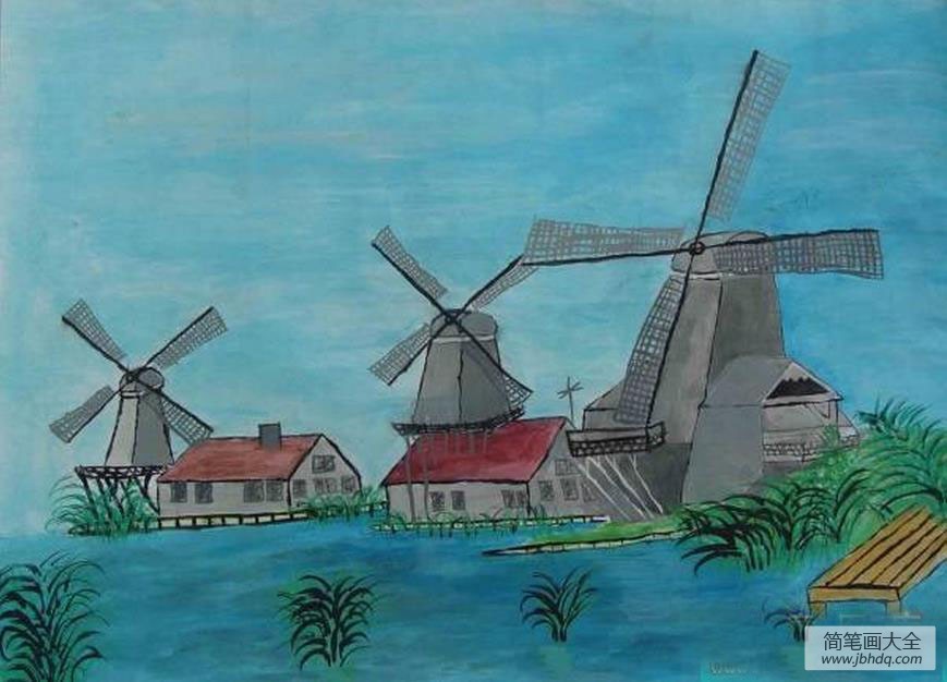 国外获奖儿童画作品荷兰风车欣赏