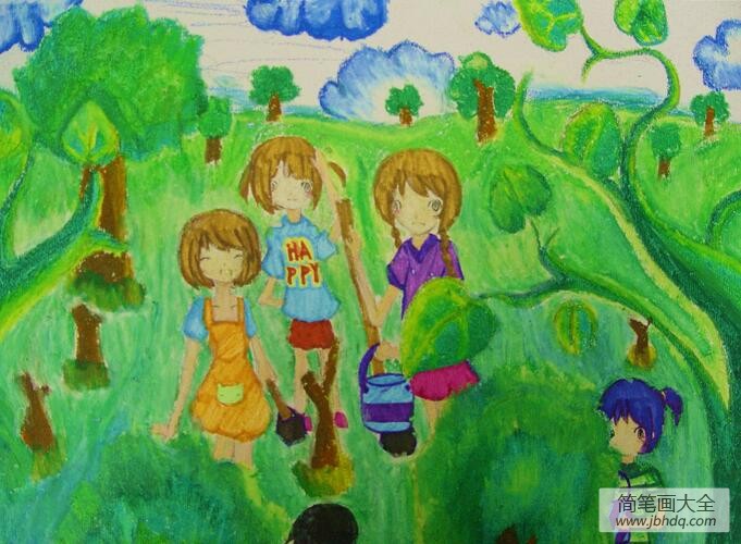 郊外种树忙劳动节小孩画的画作品分享