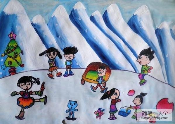 冬天为主题的儿童画-小伙伴一起滑雪