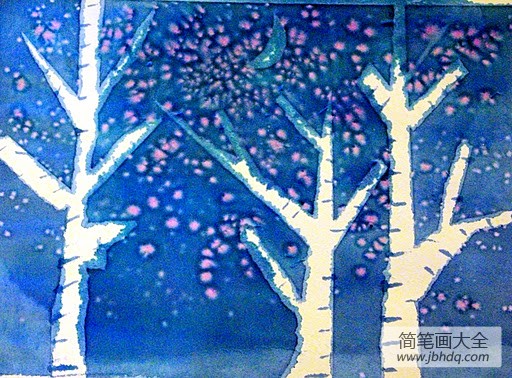 雪夜的白桦林冬天的景色儿童画图片欣赏