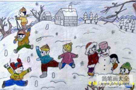 儿童画美丽的冬天-和小伙伴们在一起真开心