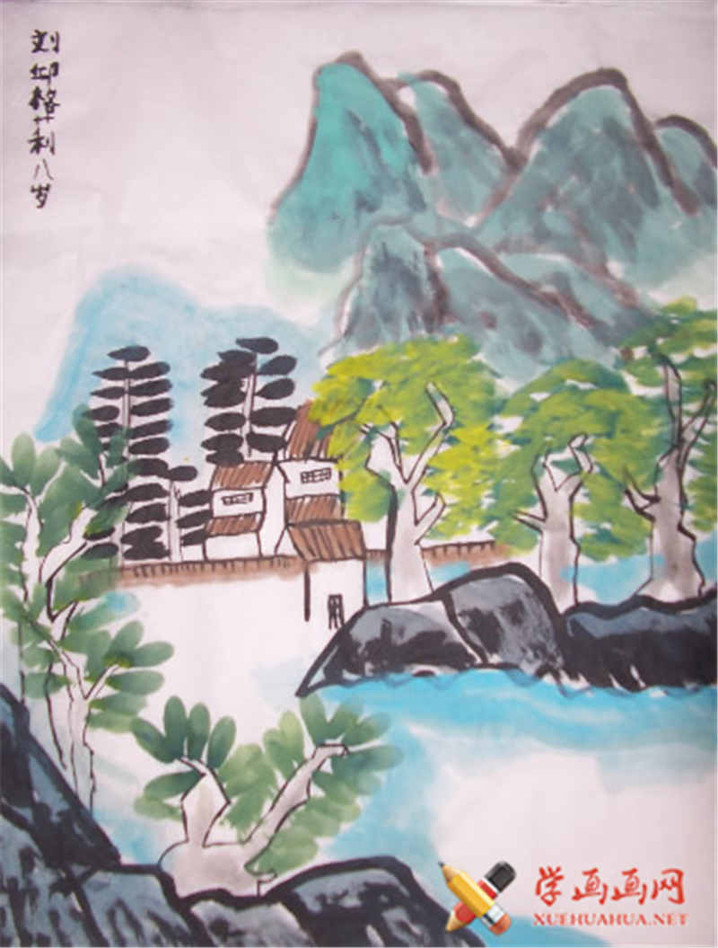 儿童中国画山村(1)