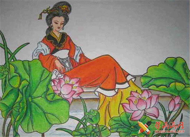 儿童中国画美女赏荷(1)