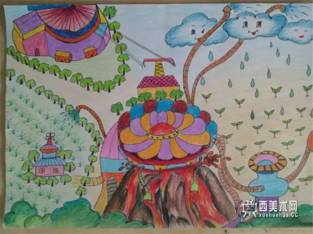 小学生获奖科幻画《火山改造器》赏析(1)