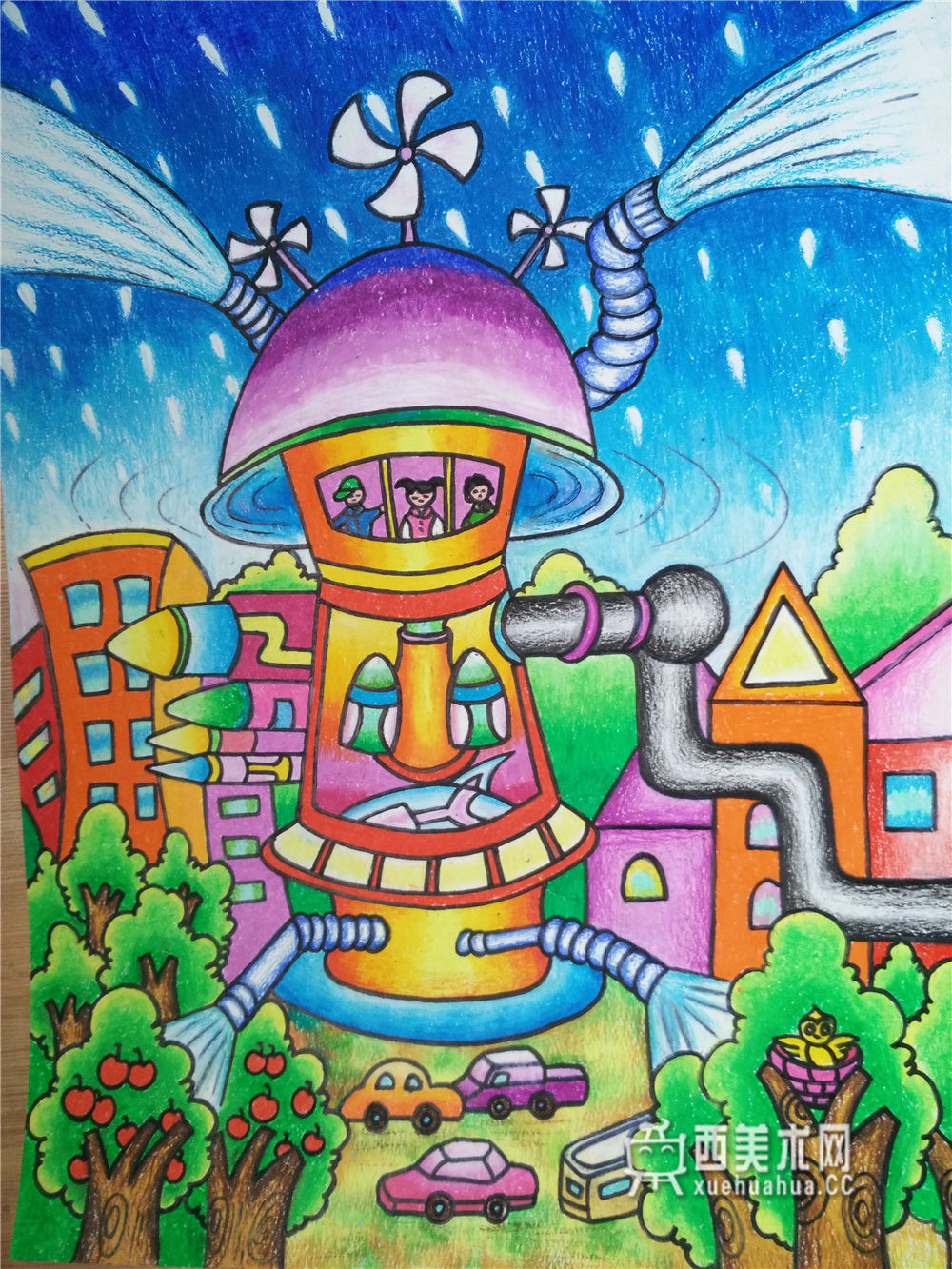 小学生科幻画《风雨智能机》赏析(1)