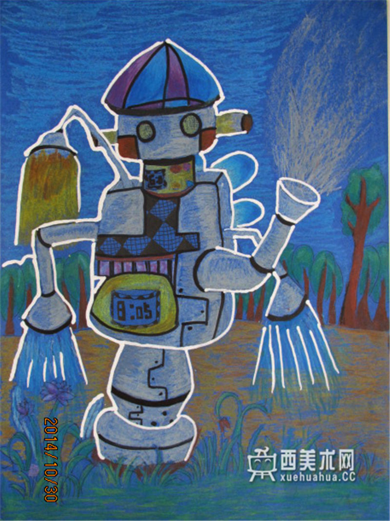 小学生获奖环保科幻画《环境清洁机器人》(1)
