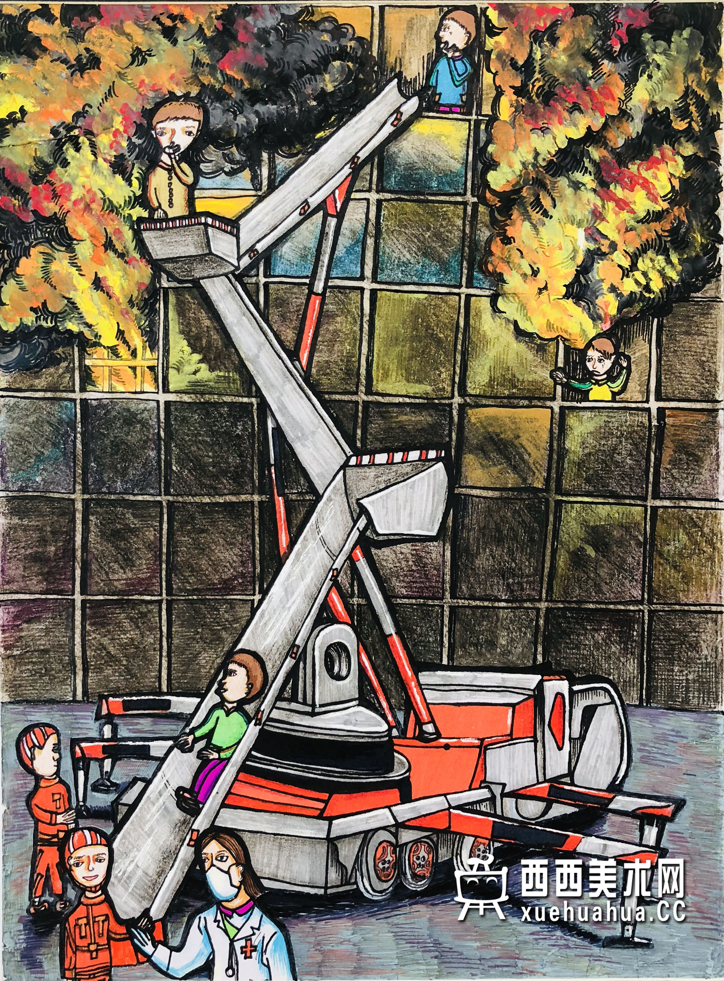 二等奖小学生科幻画《救援消防滑梯》赏析(1)