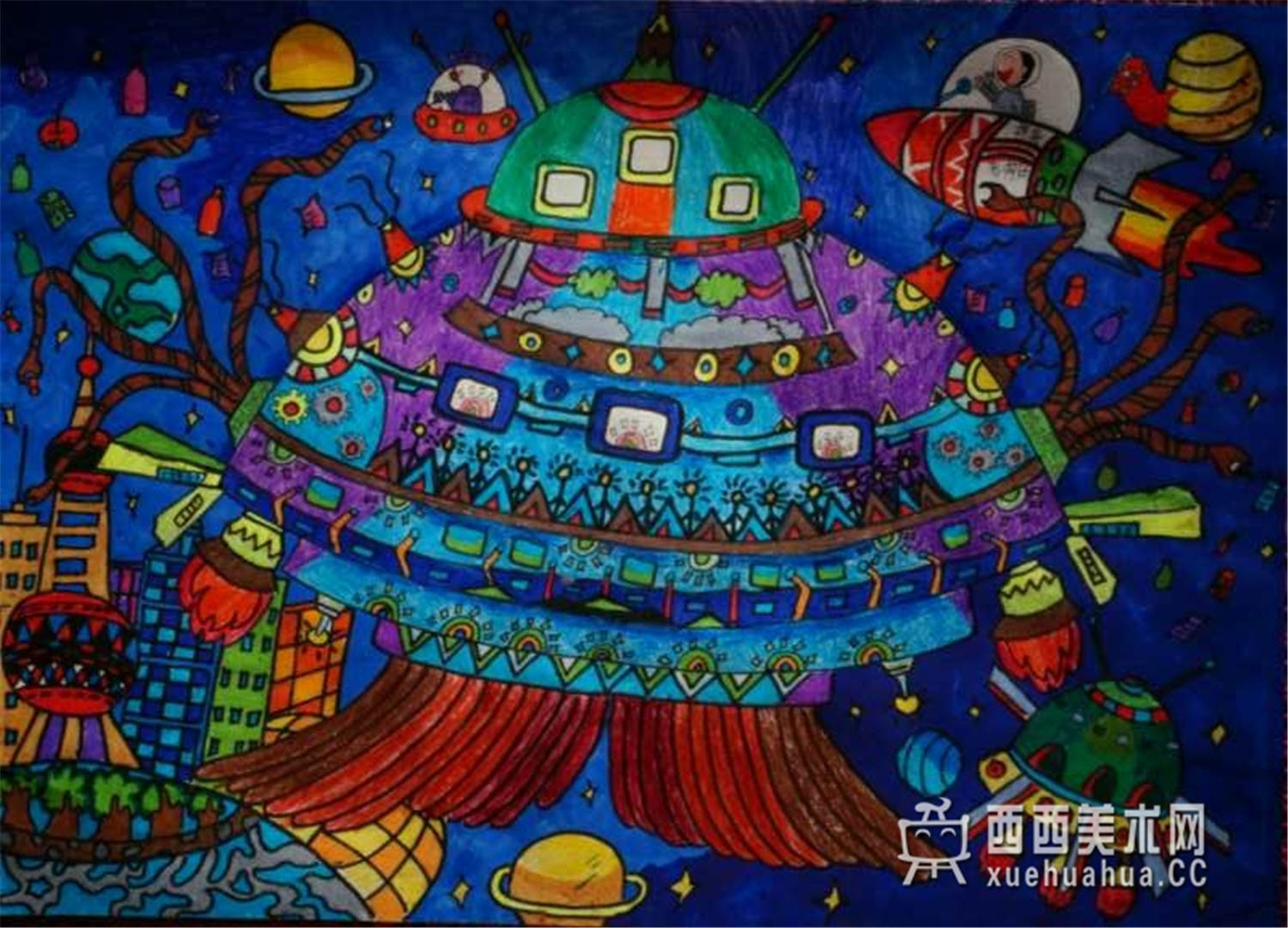 儿童创意获奖环保科幻画《太空垃圾收集器》(1)