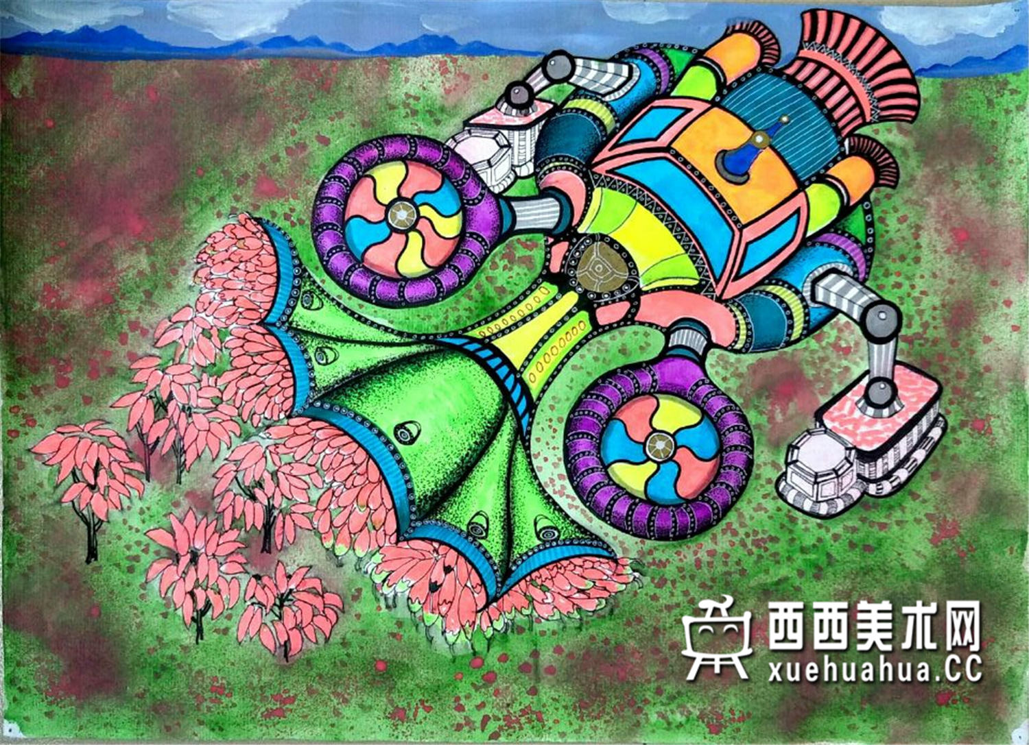 获奖中学生一等奖科幻画《新疆色素辣椒采集机》(1)