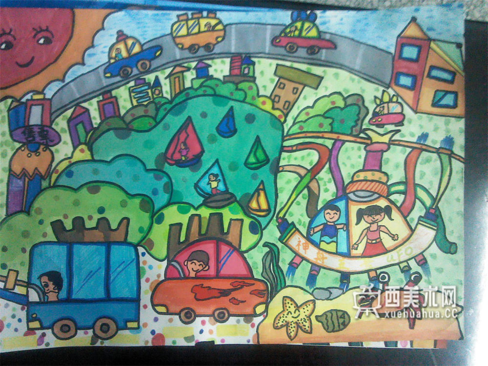 中学生获奖科幻画《绿色城市新貌》(1)