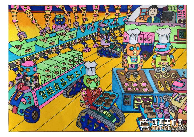 一等奖小学生获奖科幻画《智能食品加工厂》赏析(1)