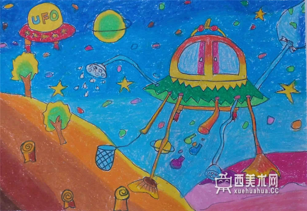 小学生获奖科幻画《太空垃圾处理站》(1)