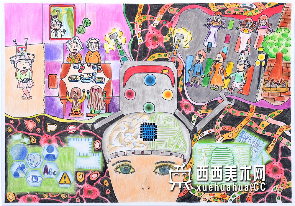 三等奖小学生获奖科幻画《盲人智能影像头盔》欣赏(1)